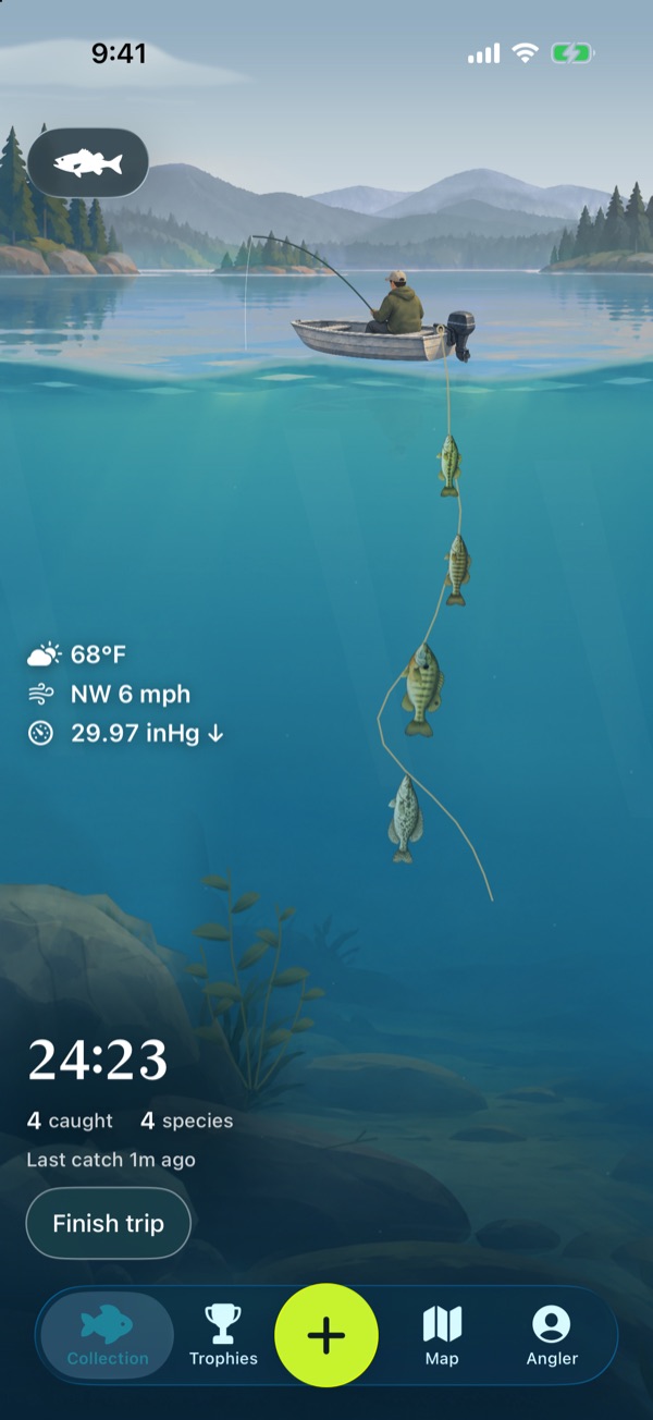 The Collection: a painted lake with the angler's catches swimming in it