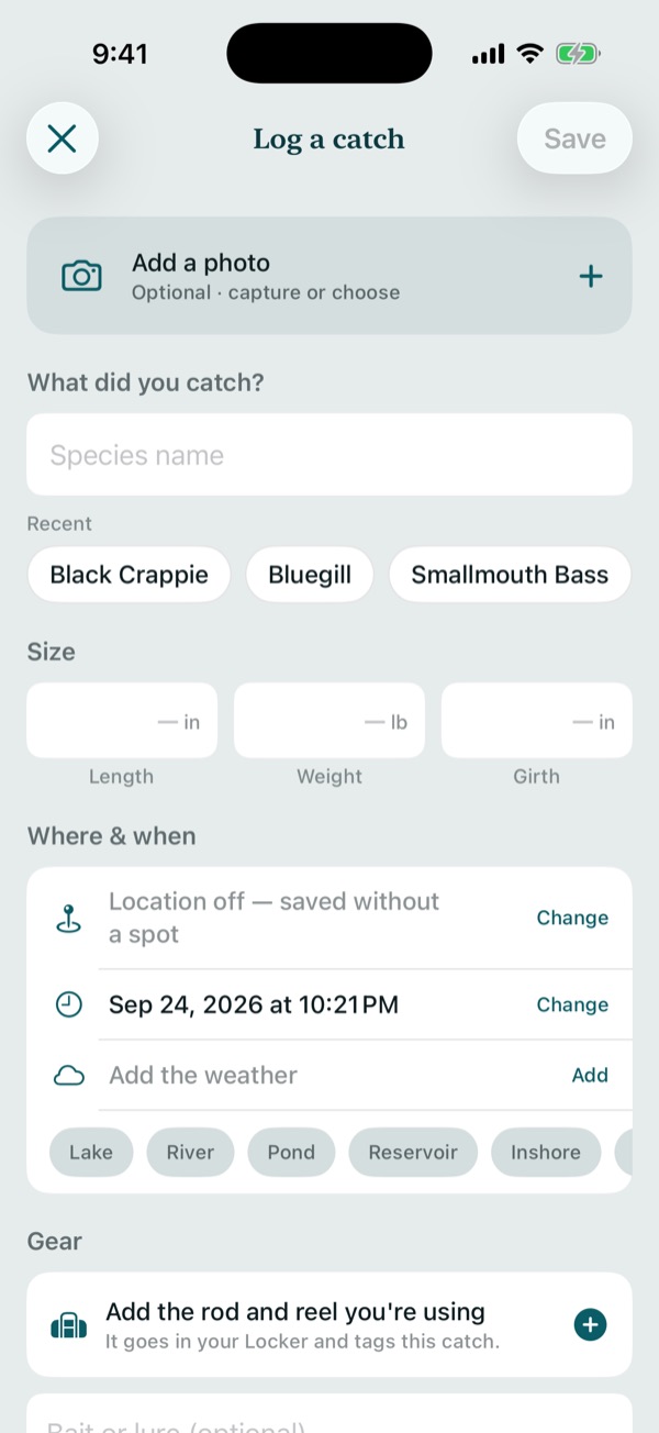 Logging a catch: species, length, weight and photo on one screen